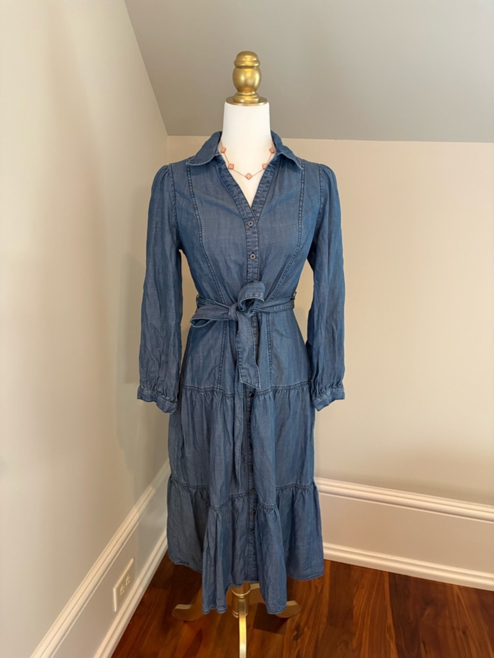 Current Air Blue Denim Maxi Shirt Dress with Tie Waist
